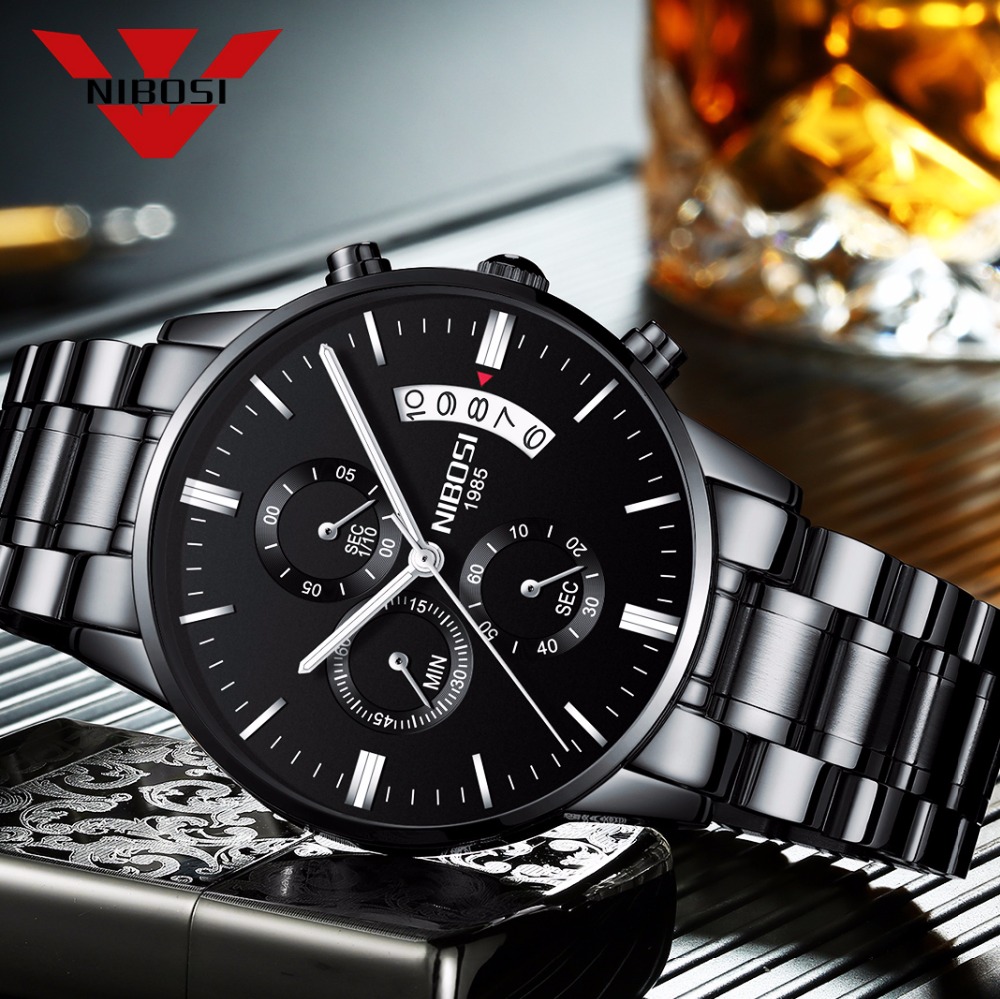 Luxury Watch Manufacturers - NIBOSI Edelstahl Schwarz Quarzuhr Herren Uhren