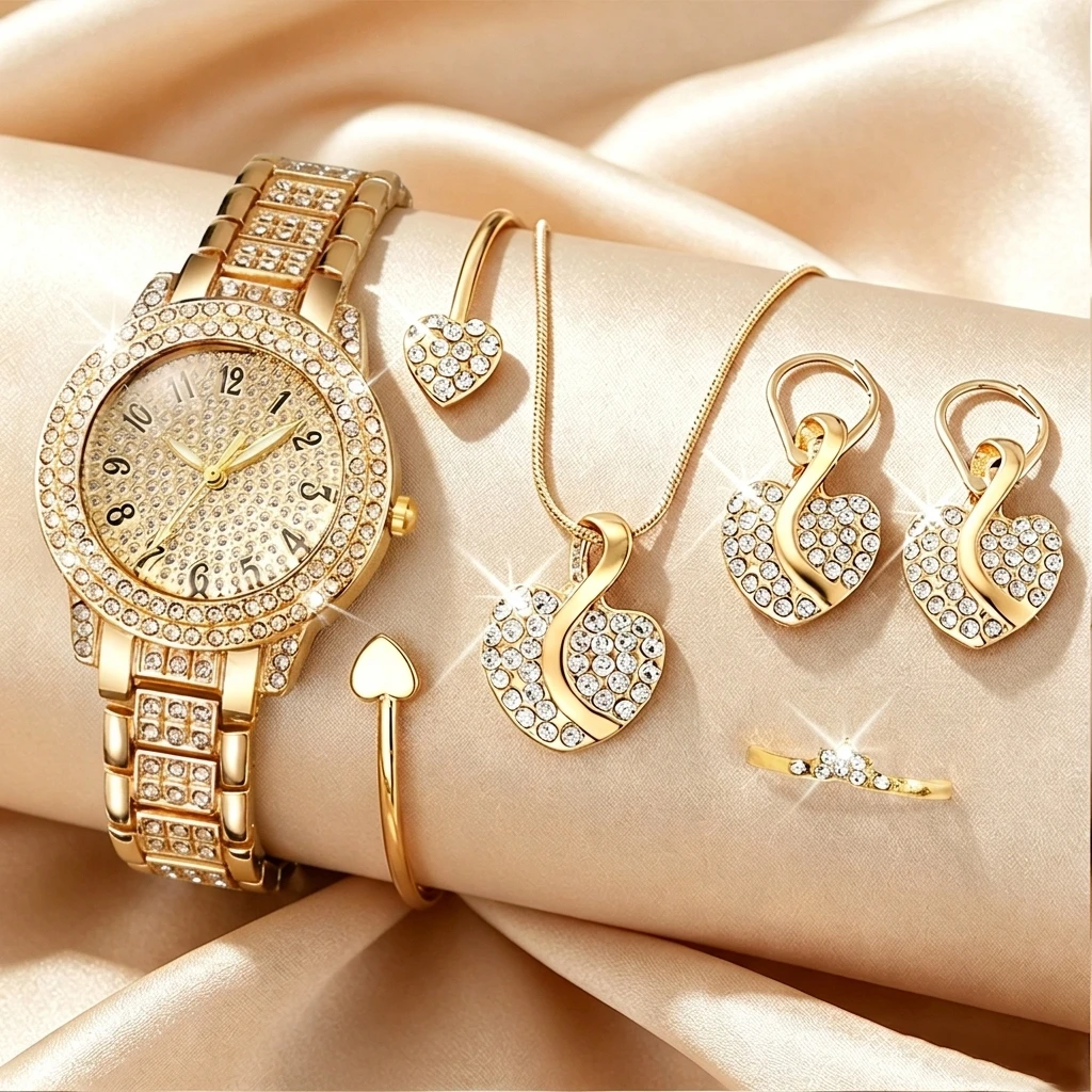 Open Heart Watch - 6-teiliges Modisches Strass-Uhrenset für Damen Herz-Schmuckset