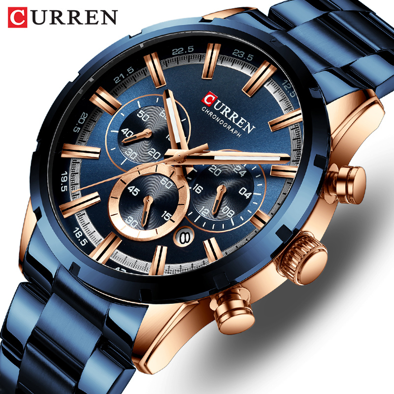 Luxury Watch Apple - Curren Herrenuhr, blaues Zifferblatt, Edelstahlband, Datum,