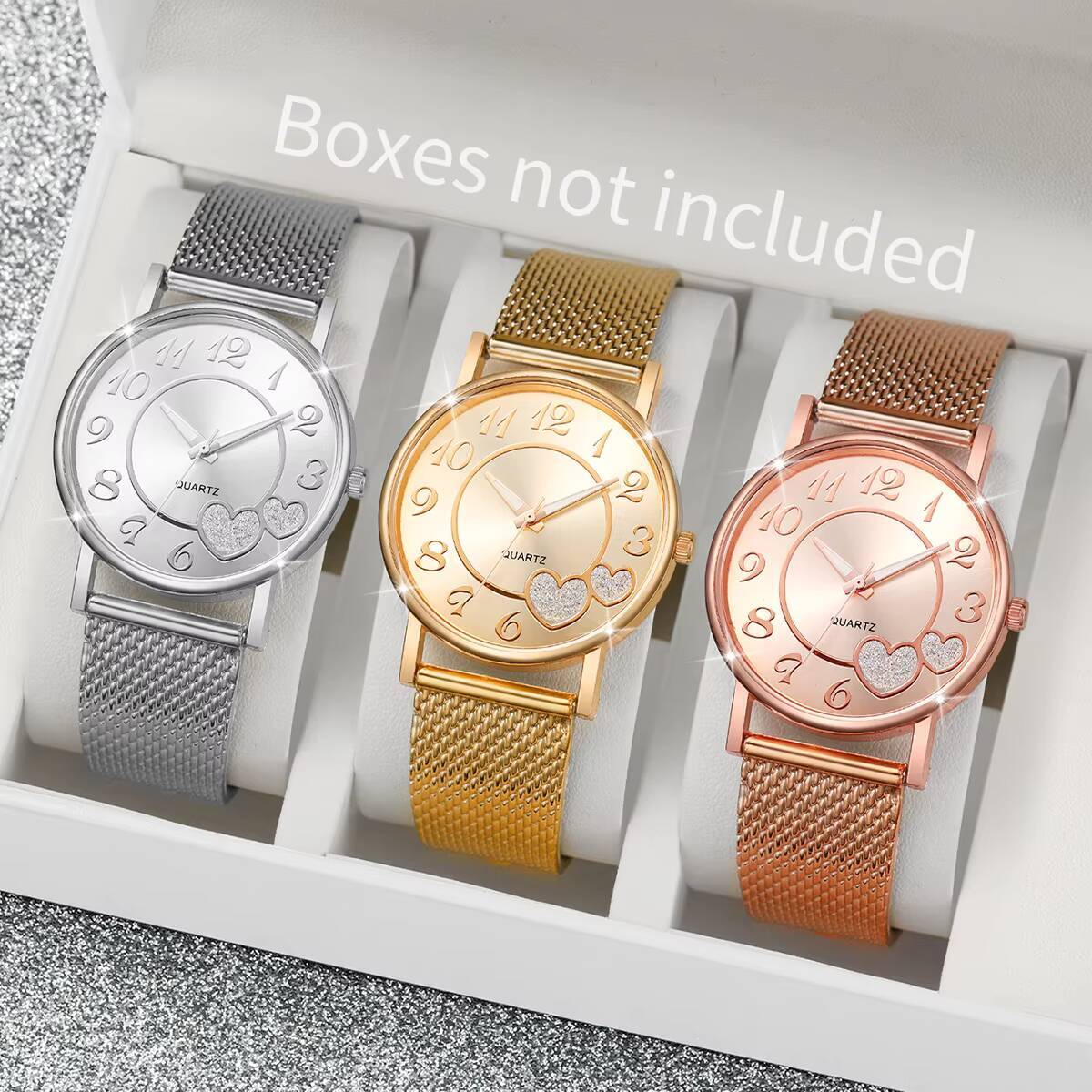 Open Heart Watch - 1/3PCS Mode Herz-Zifferblatt Damenuhren Casual Kunststoffarmband