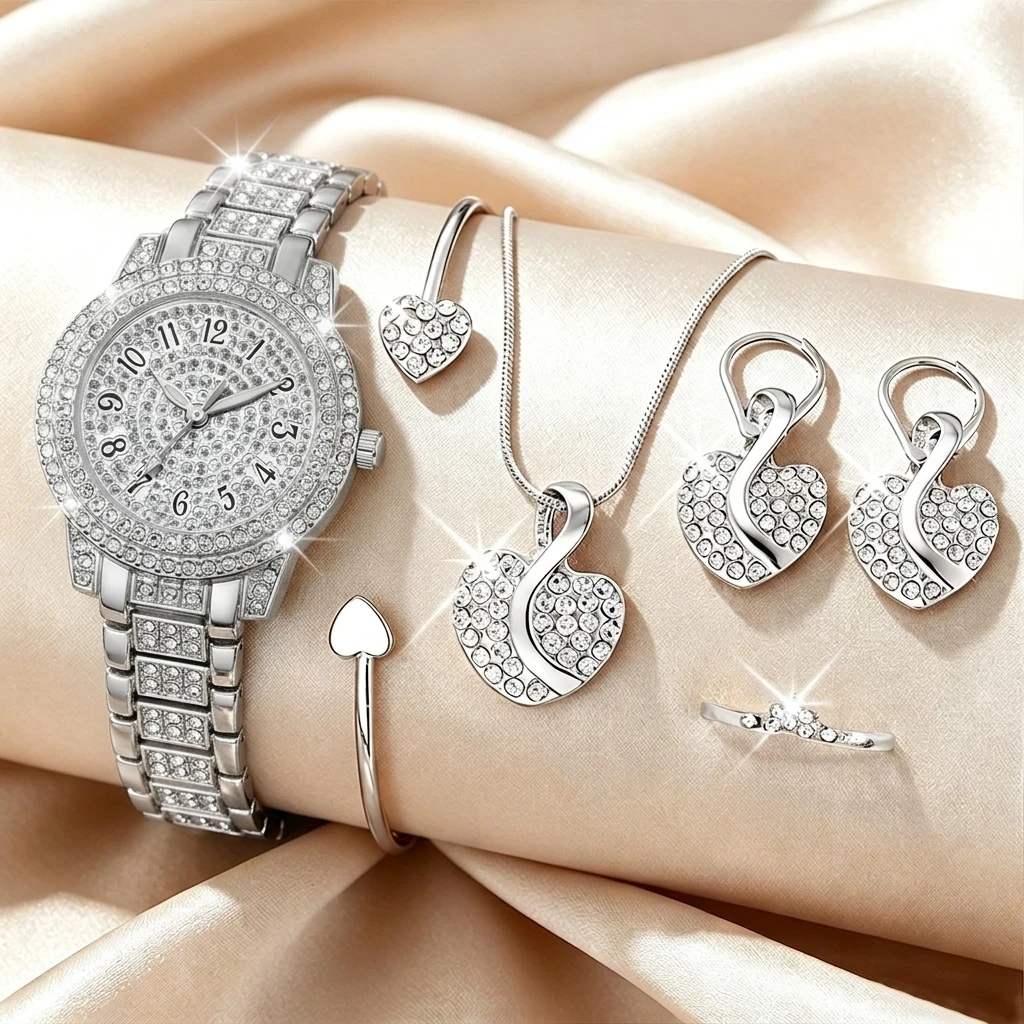 6-teiliges Modisches Strass-Uh – Open Heart Watch Bewertung und Preis